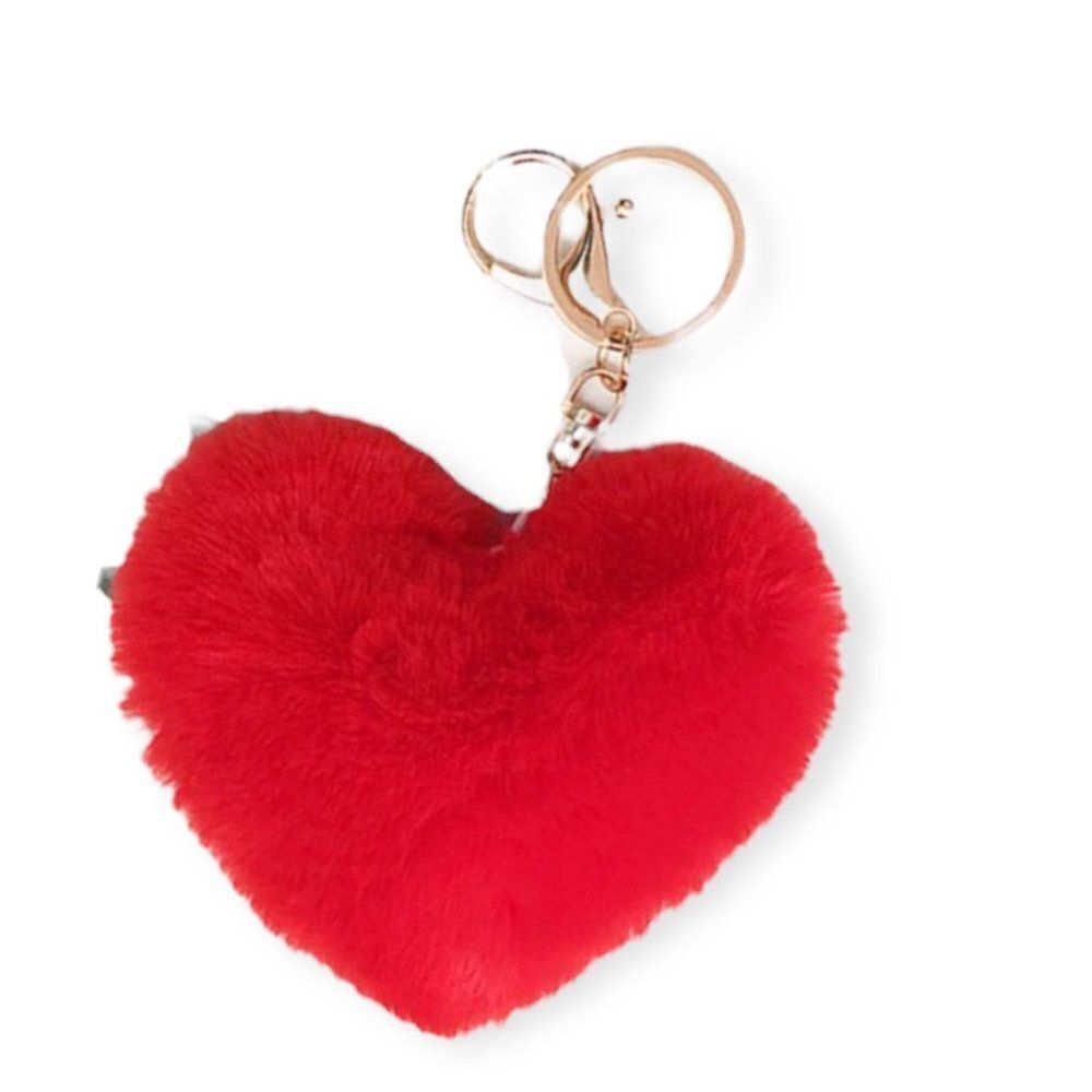 Pink Fuzzy Pom Pom Heart Handbag Accessories Gold Key Chain NEW